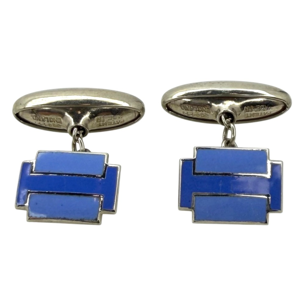 Vintage Cufflinks Enamel Silver Tone Blue Art Deco Patent 35544-1 England